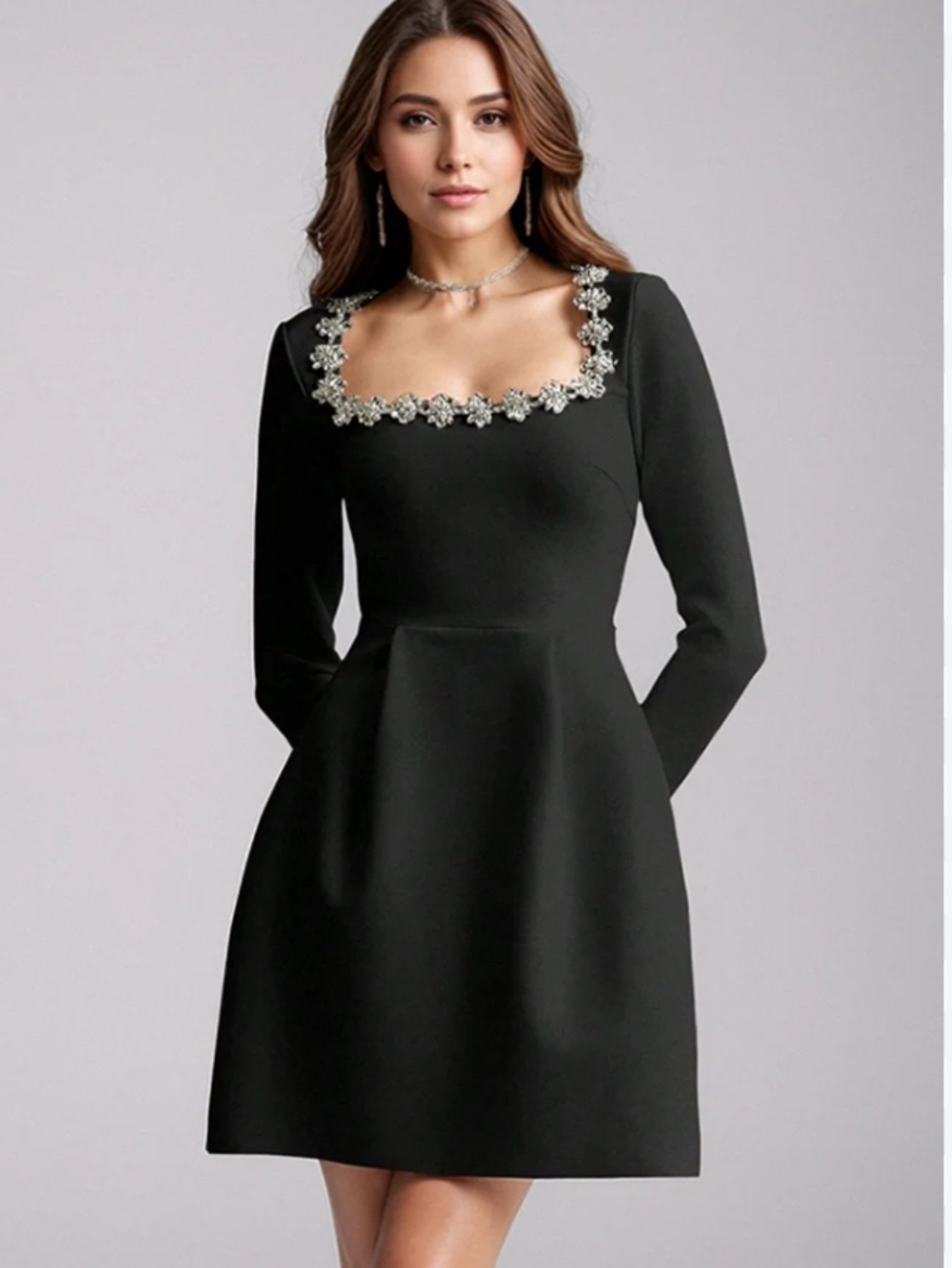 Black Long-Sleeve Dress with Crystal Floral Neckline